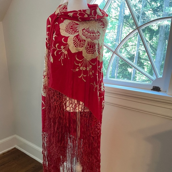 Handmade Silk Accessories - Vintage Handmade Silk Embroidery on Silk 17" Fringe Shawl Scarf Wrap